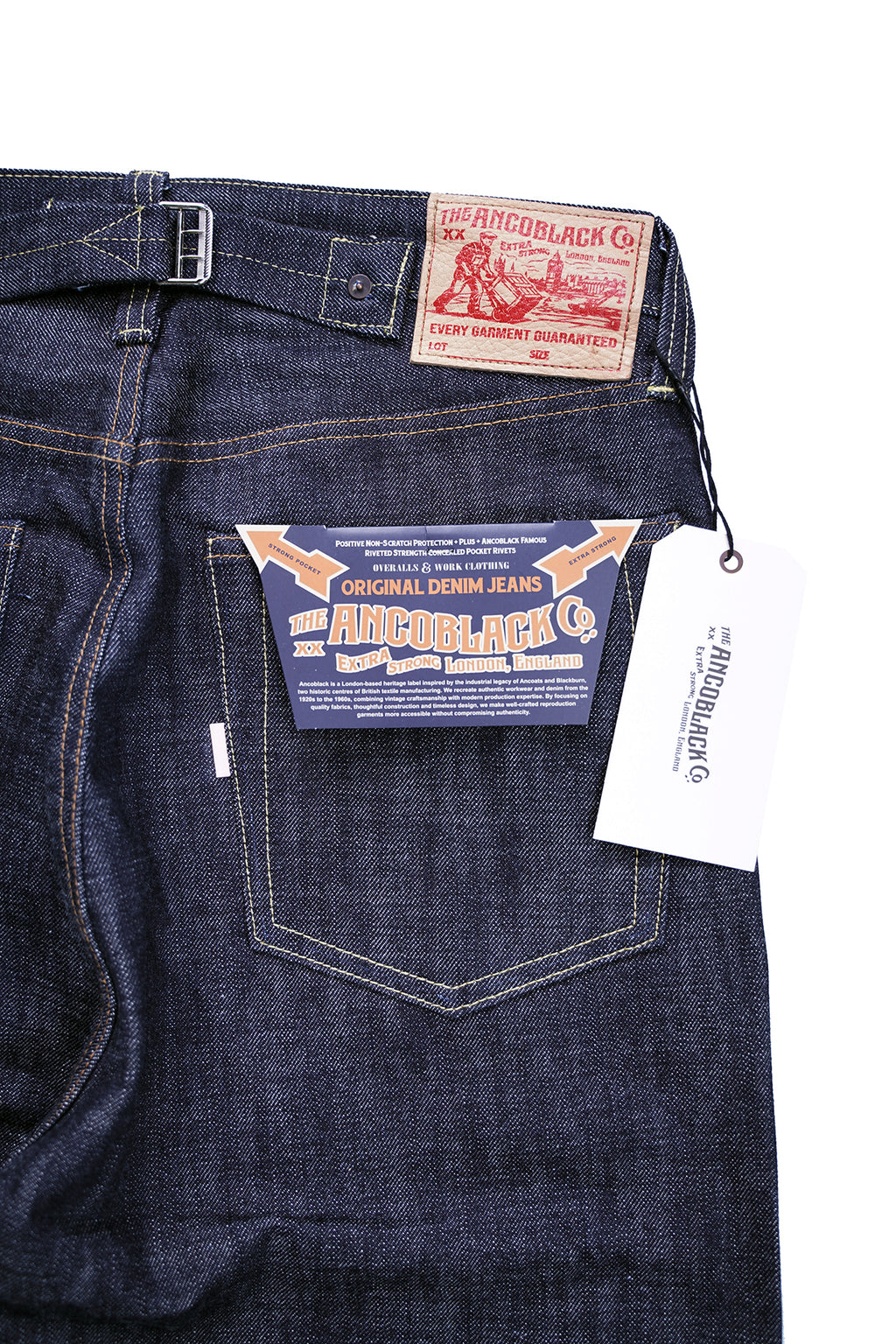Ancoblack 3700XX back pockets featuring genuine deerskin leather patch and vintage pocket flasher
