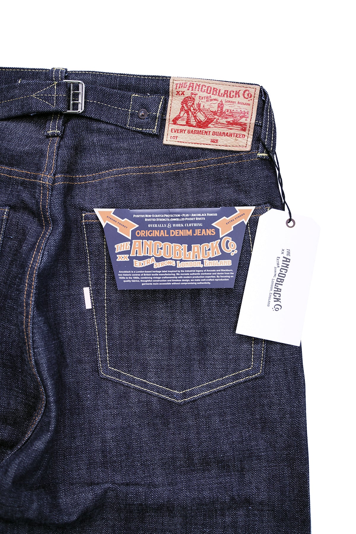 Ancoblack 3700XX back pockets featuring genuine deerskin leather patch and vintage pocket flasher