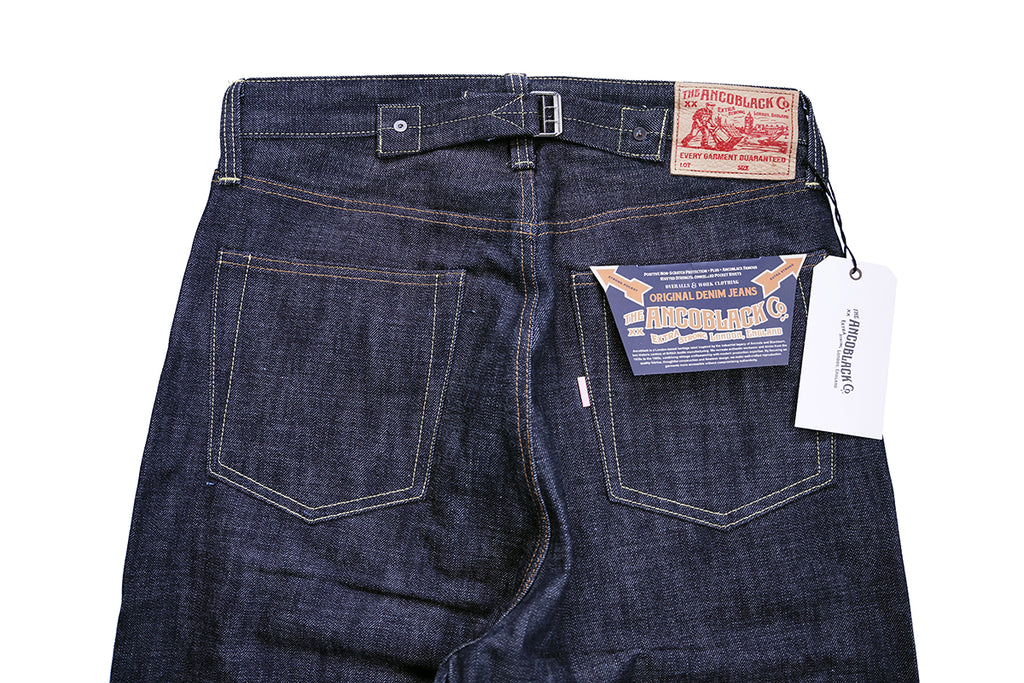 Ancoblack 3700XX back pockets featuring genuine deerskin leather patch and vintage pocket flasher