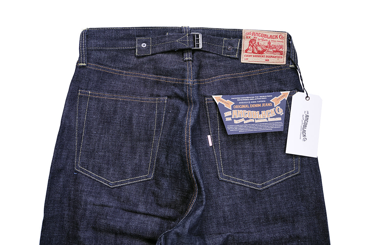 Ancoblack 3700XX back pockets featuring genuine deerskin leather patch and vintage pocket flasher