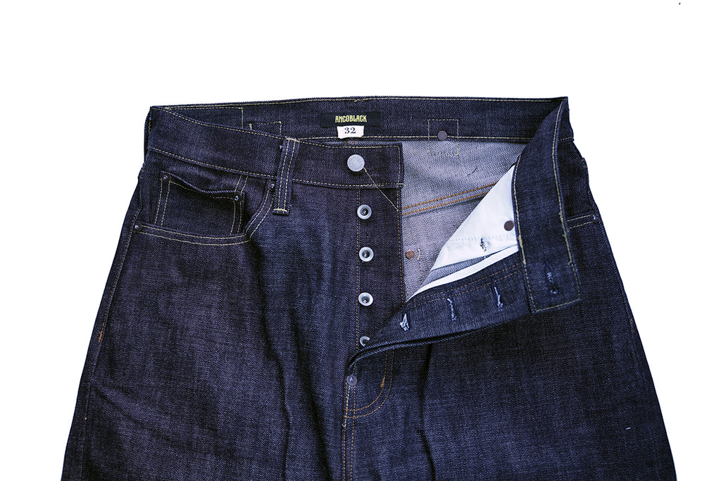 Ancoblack 3700XX raw selvedge denim button fly closure and waist waistband detail
