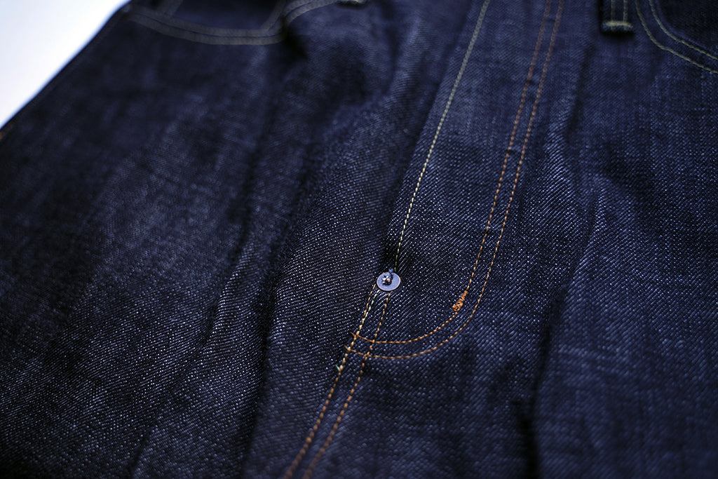 Ancoblack 4700XX raw selvedge denim button fly closure and waist waistband detail crotch rivets