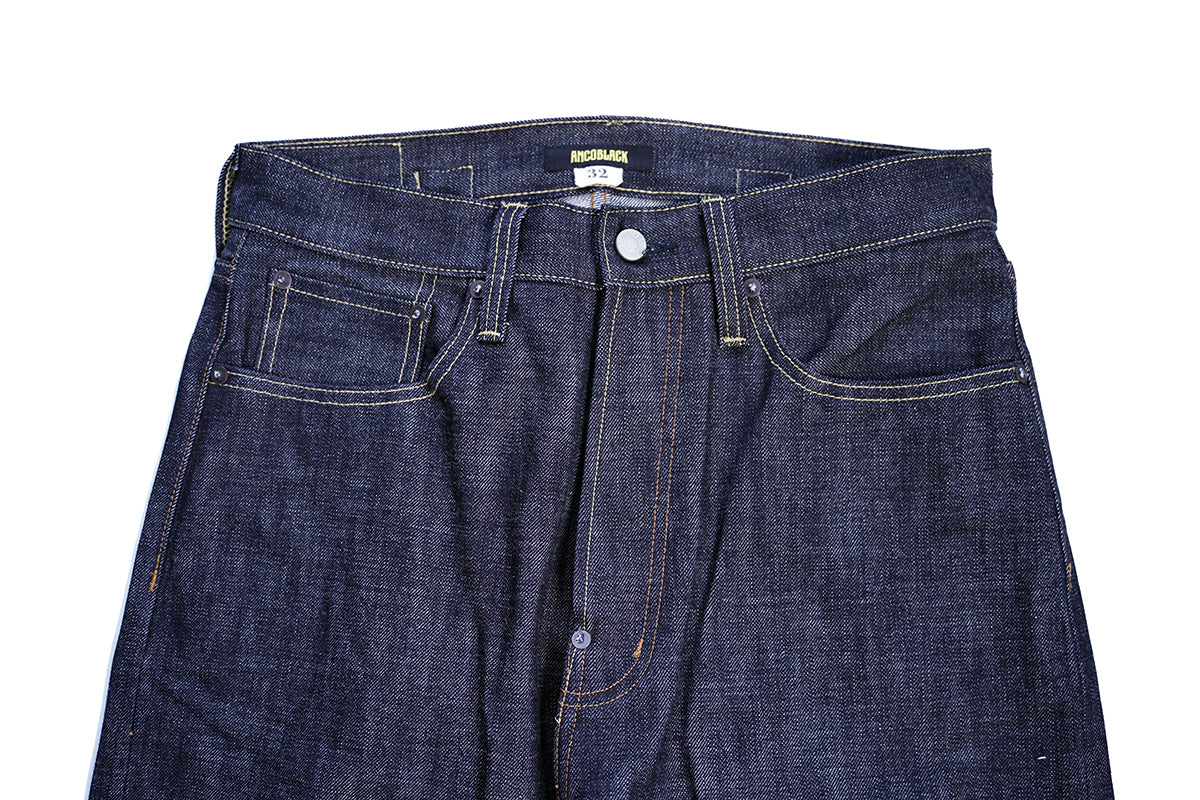 Ancoblack 4700XX raw selvedge denim button fly closure and waist waistband detail rivets and stitching