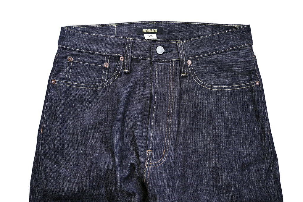 Ancoblack 4700xx vintage raw denim jeans front waist and top block view in dark indigo