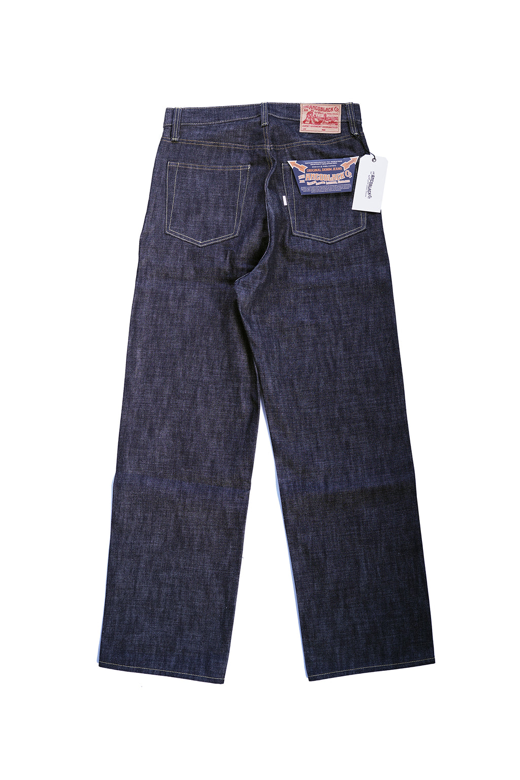 Ancoblack 4700xx 14oz redline selvedge jeans back view with vintage leather patch and pocket arcuate details