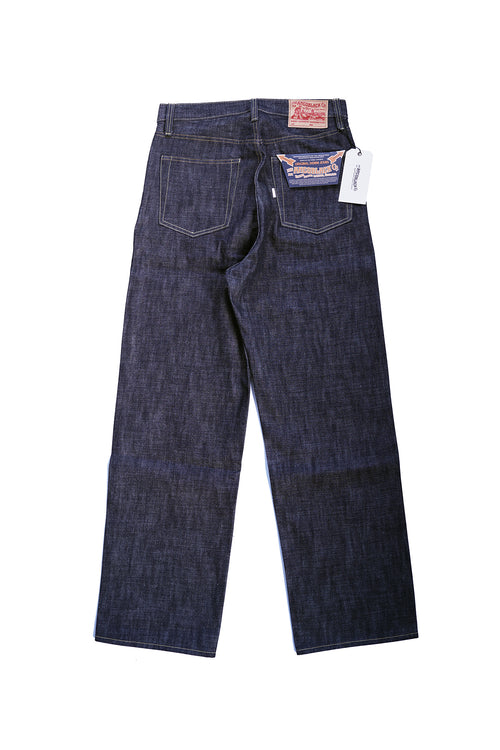Ancoblack 4700xx 14oz redline selvedge jeans back view with vintage leather patch and pocket arcuate details