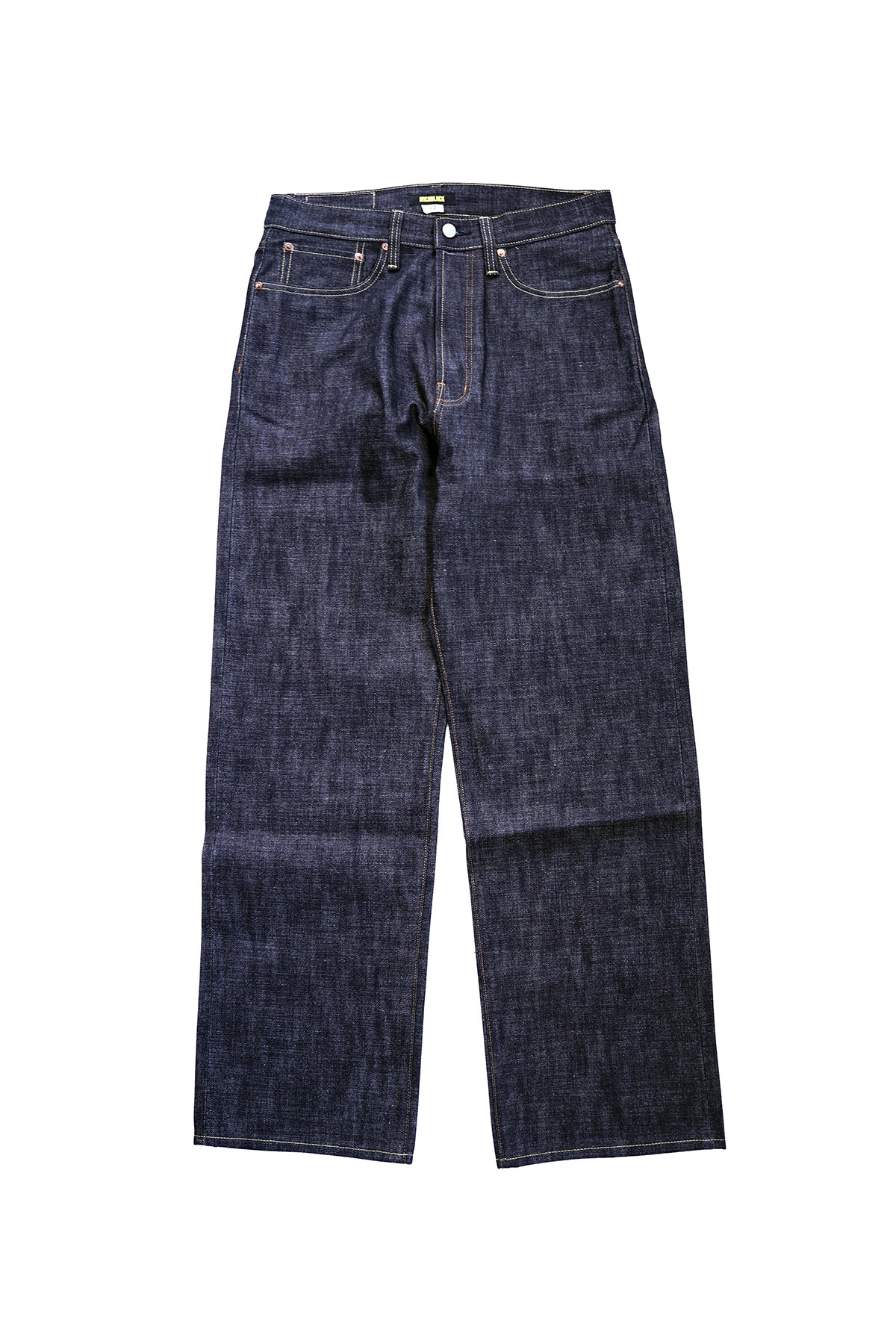 Ancoblack 4700xx 14oz raw selvedge denim jeans front view in dark indigo, 1947 vintage classic straight fit